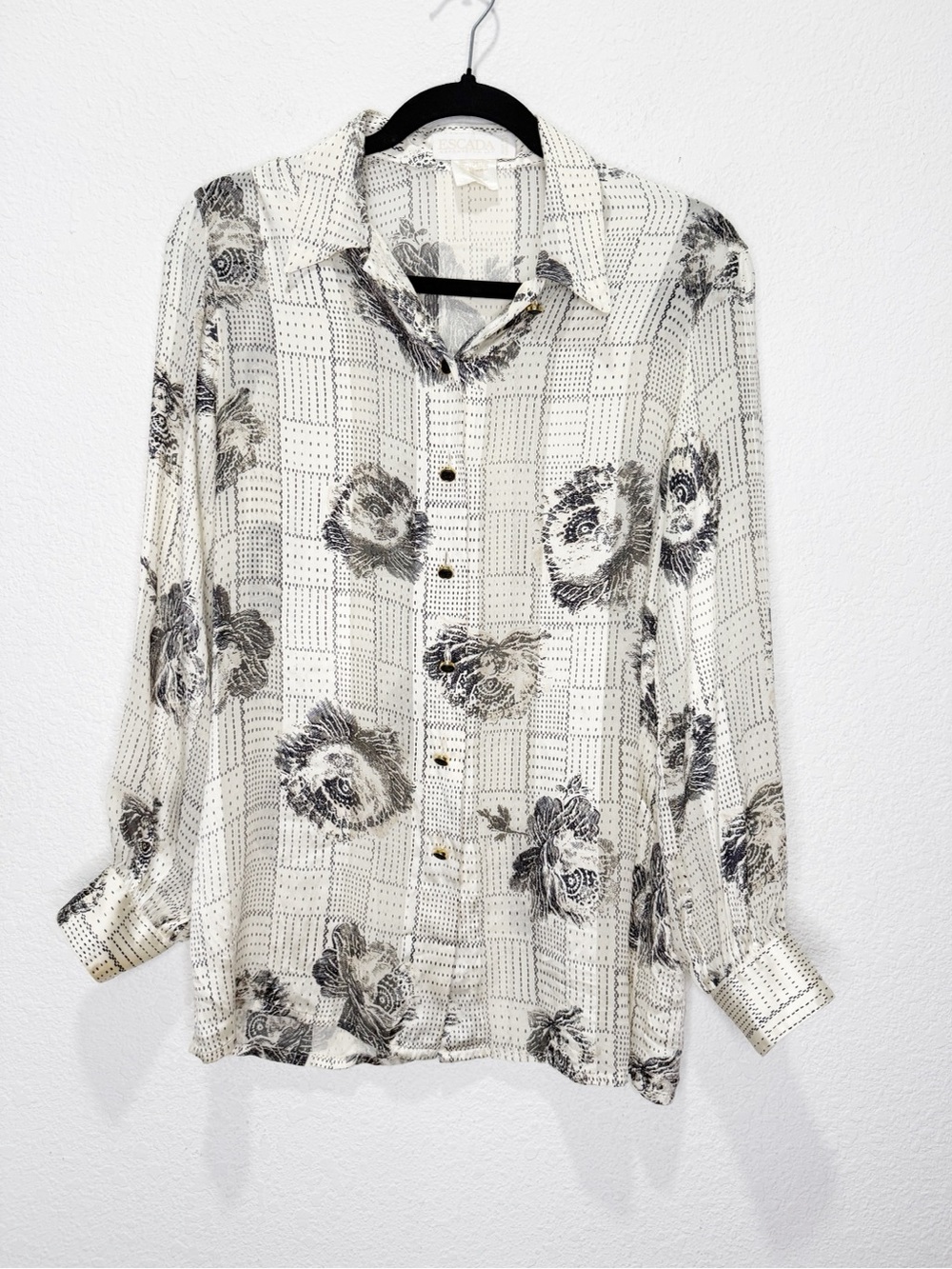 Escada Silk French Logo Button Up Blouse Sheer Roses Luxury Pattern 36